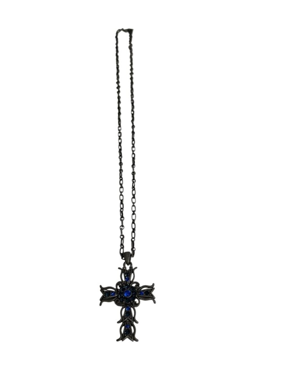Vintage Y2K Gothic Blue Rhinestone Cross Pendant Necklace Silver Tone 22 Inch